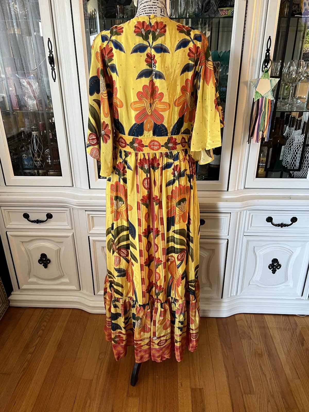 FARM Rio For Anthropologie Yellow Tropical Print Satin Like Fabric Maxi Dress M