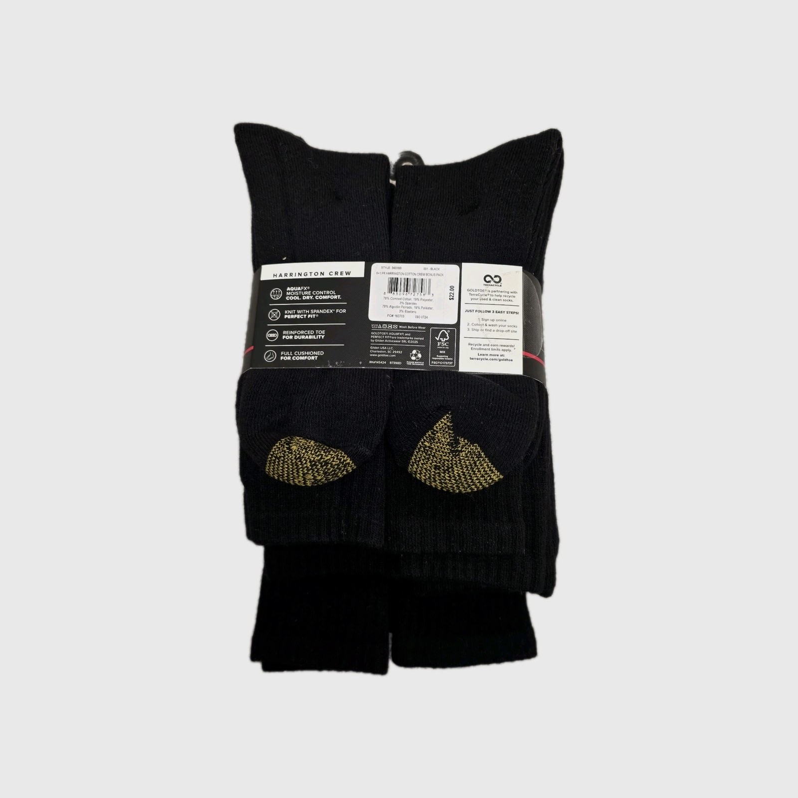 New GoldToe Men’s Black Crew Socks 7 Pack Harrington Collection Size 6-12.5