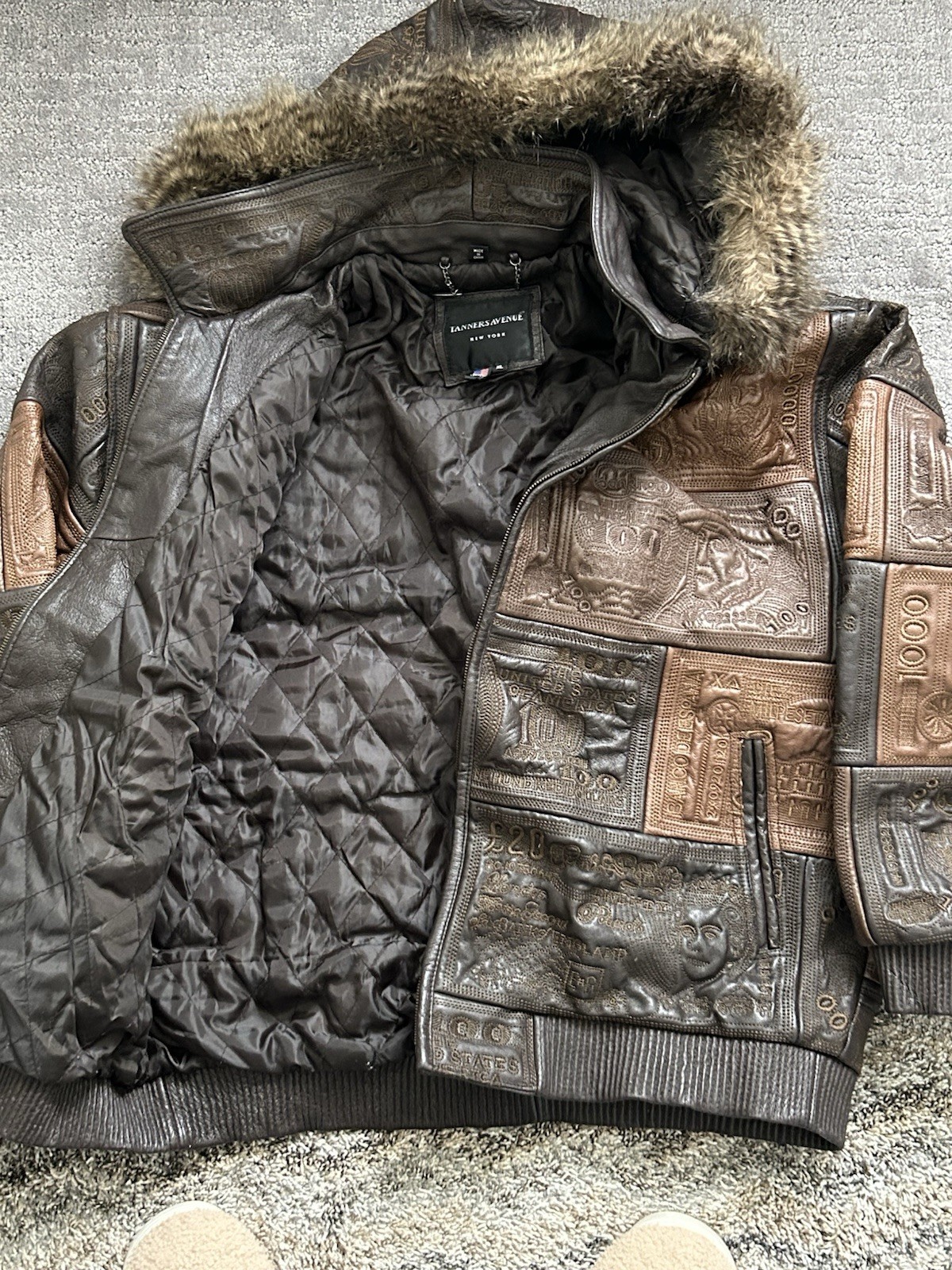 Tanners Avenue Men’s Patchwork Leather Bomber Jacket Hooded Full Zip XL Brown