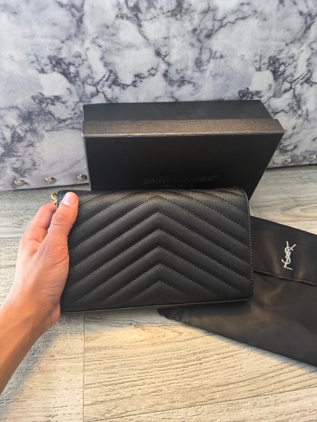 Saint Laurent Black Wallet on Chain Crossbody Gold Chain Bag🙂🙂