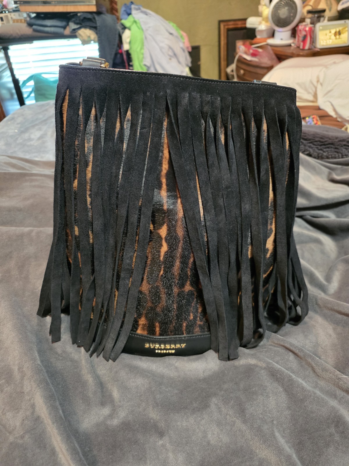 Burberry Women’s Animal Print Fringe Top Handle Bag w/ Pouch Magnetic Closure