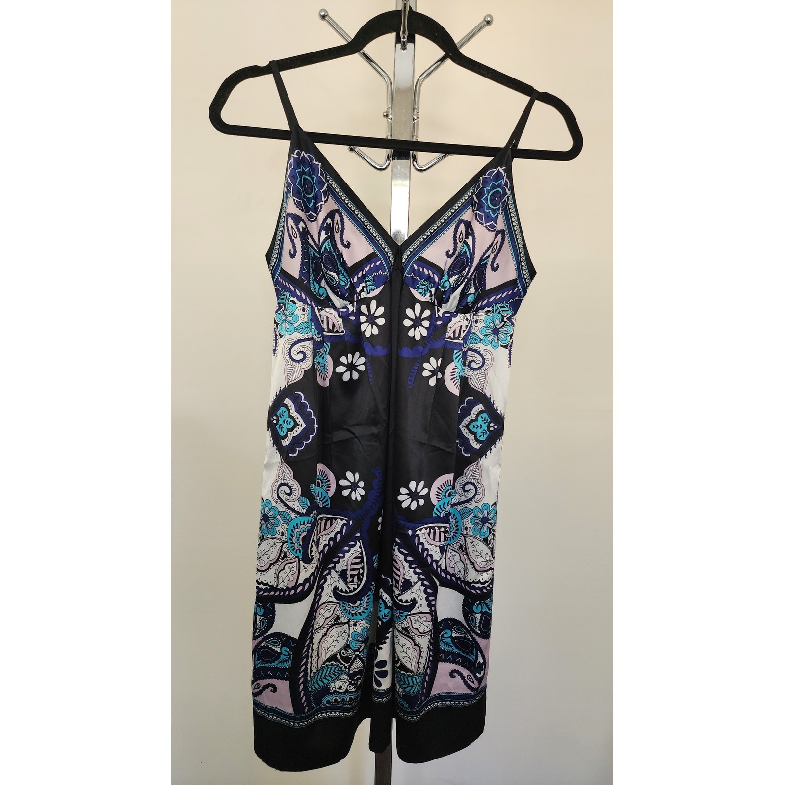 ICE Petite Women Black Blue Paisley Floral Satin Mini Dress Size 8P Boho Summer