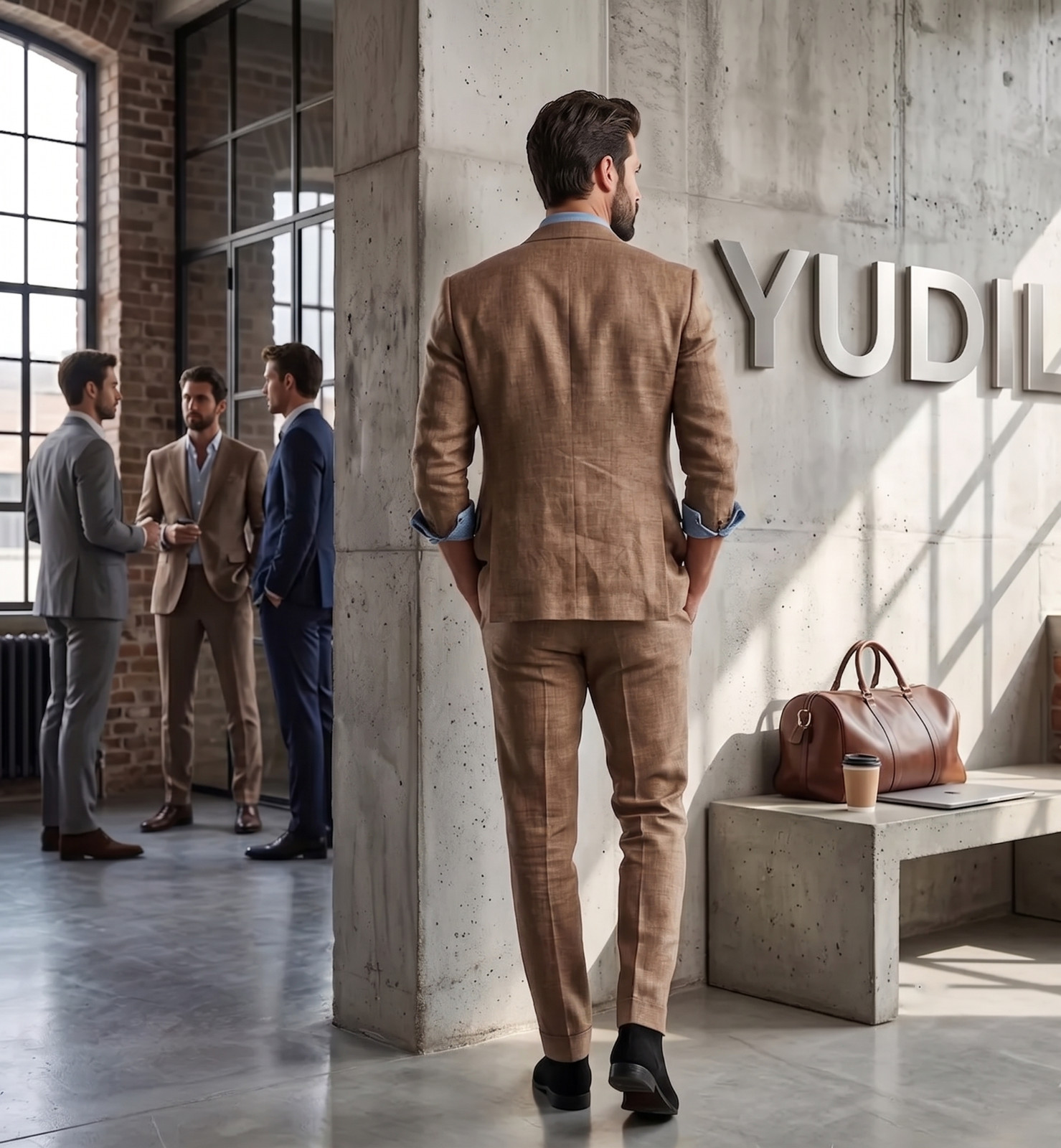 Men Brown Linen Feel Suit 2Pc Tailored Fit Summer Rustic Wedding Smart Casual