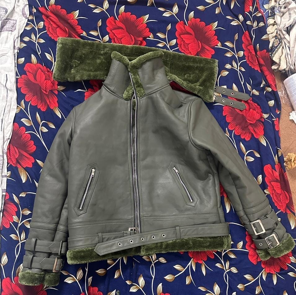 Men’s Gray Leather Bomber Flight Jacket Faux Fur Collar Full Zip Handmade Coat