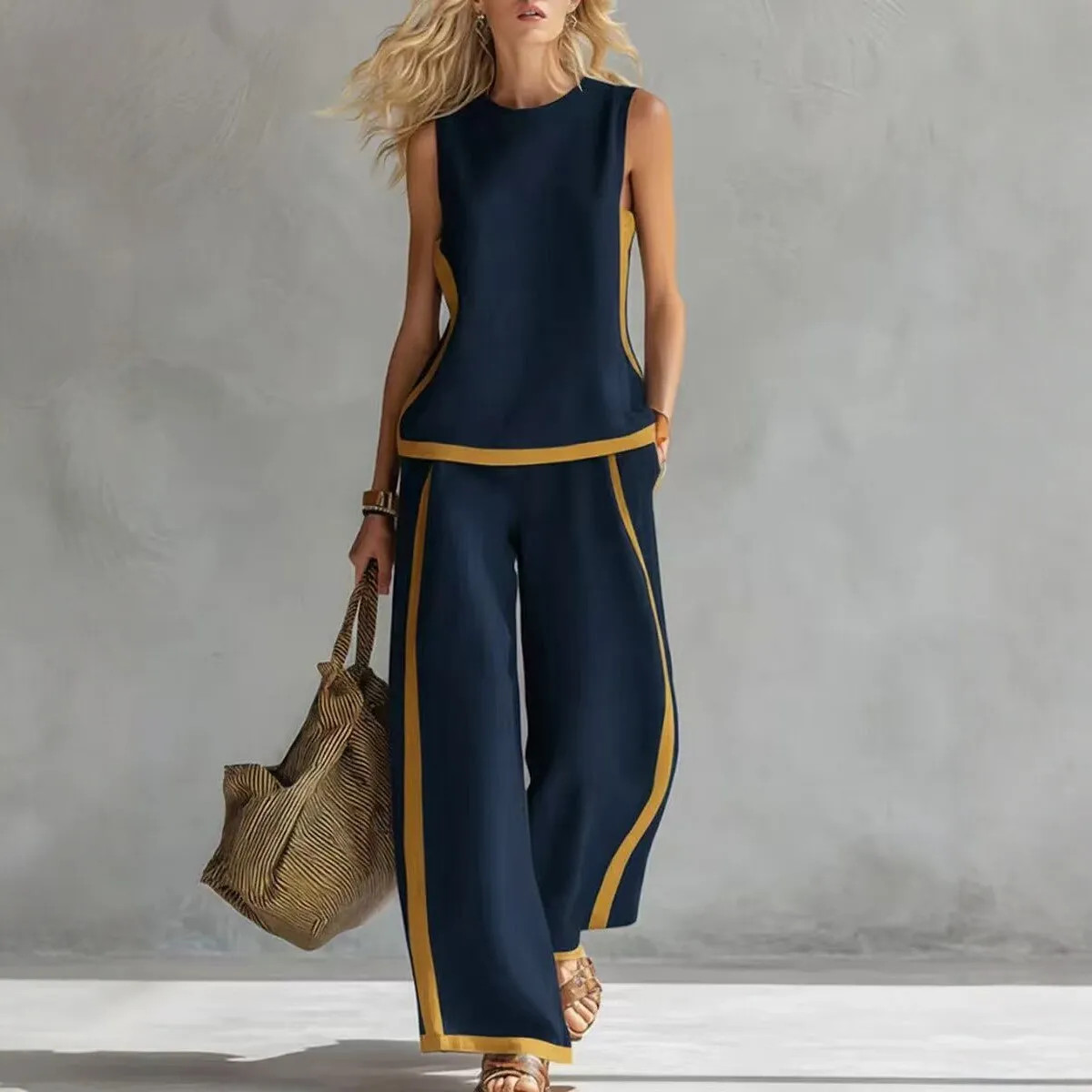Simple Stripe Print Women’s Suits Sleeveless Blouse Wide Leg Pants Two Piece Set