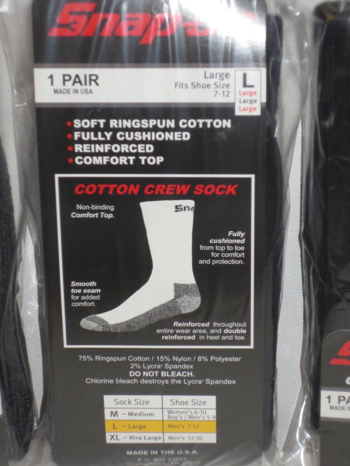 6 PAIRS – Snap-On Crew Socks Men’s BLACK – LARGE ~ FREE SHIP ~ MADE IN USA *NEW*
