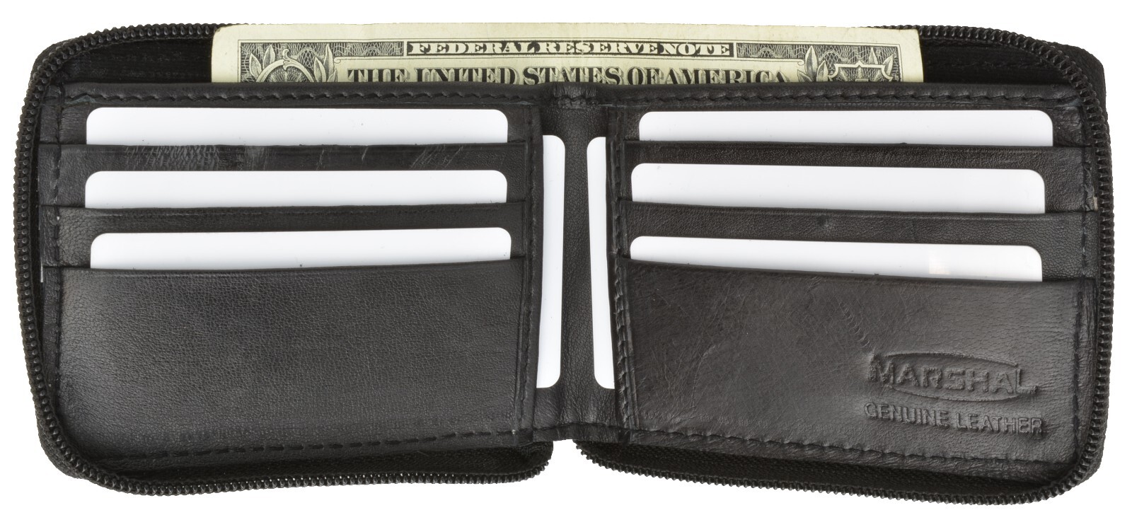 Mens Zip Around Bifold Wallet Genuine Leather Black Id Pocket Credit Card Window