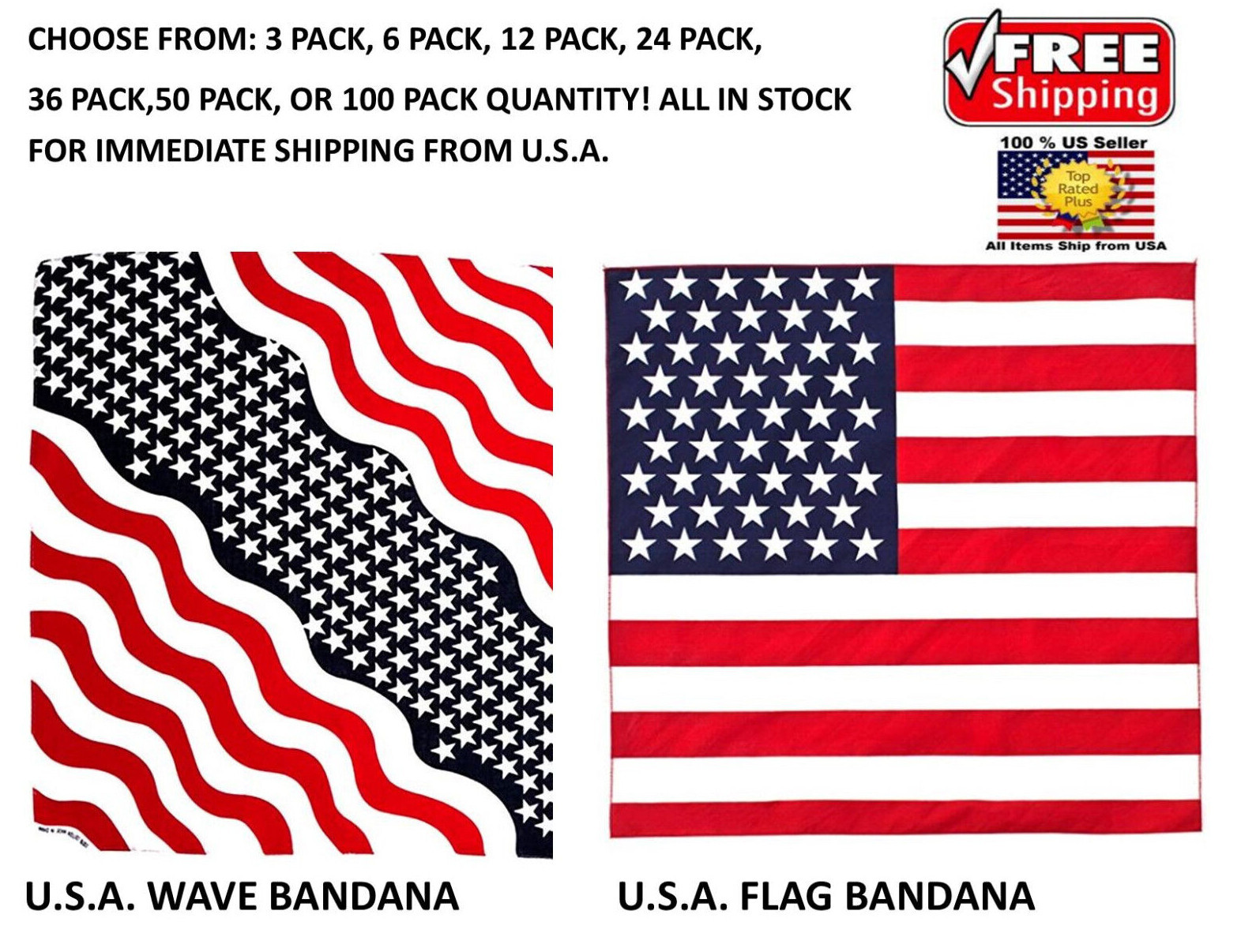 3/6/12/24/36/50/100 Pack USA America Wavy Flag 100% Cotton Bandana 22″x22″