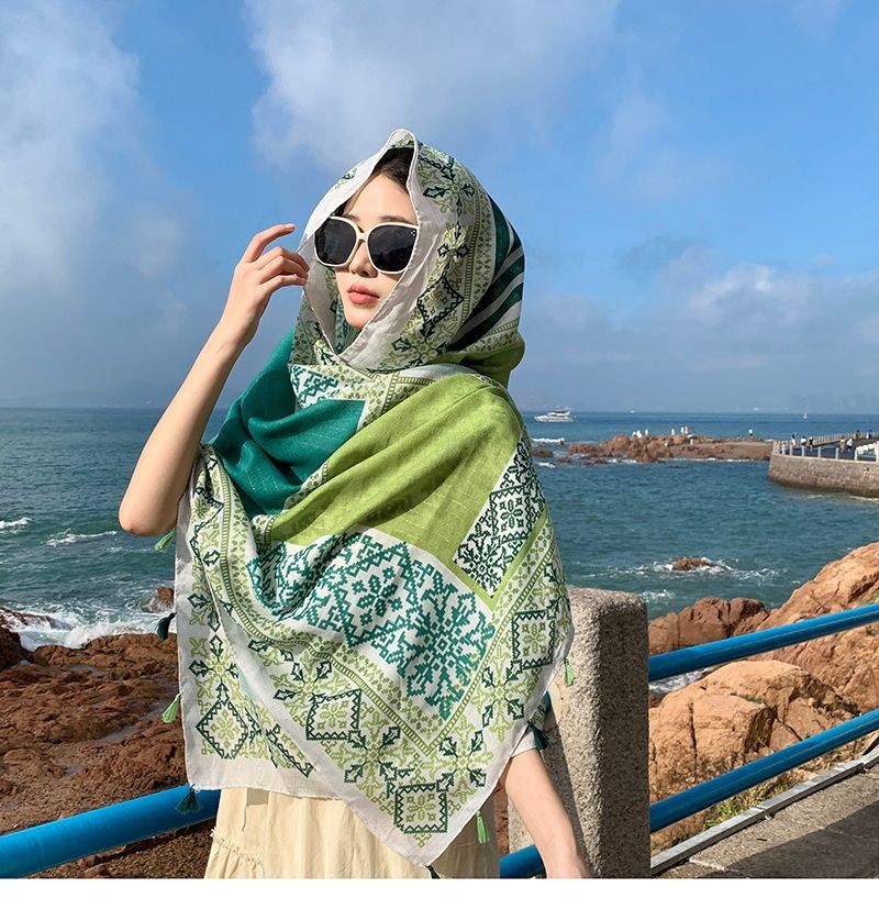 Green Ethnic Scarf Shawl Wrap Cotton Linen Lightweight Cover for Summer Beach
