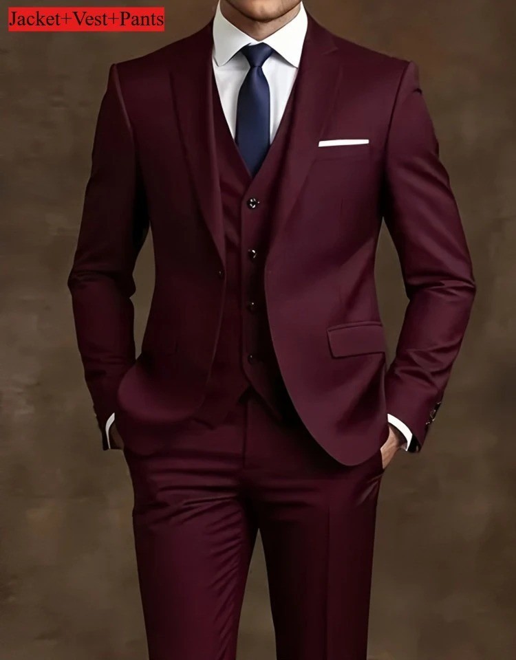 Men’s 3-Piece Slim Fit Suit Set Formal Wedding Business Party Blazer Vest Pant