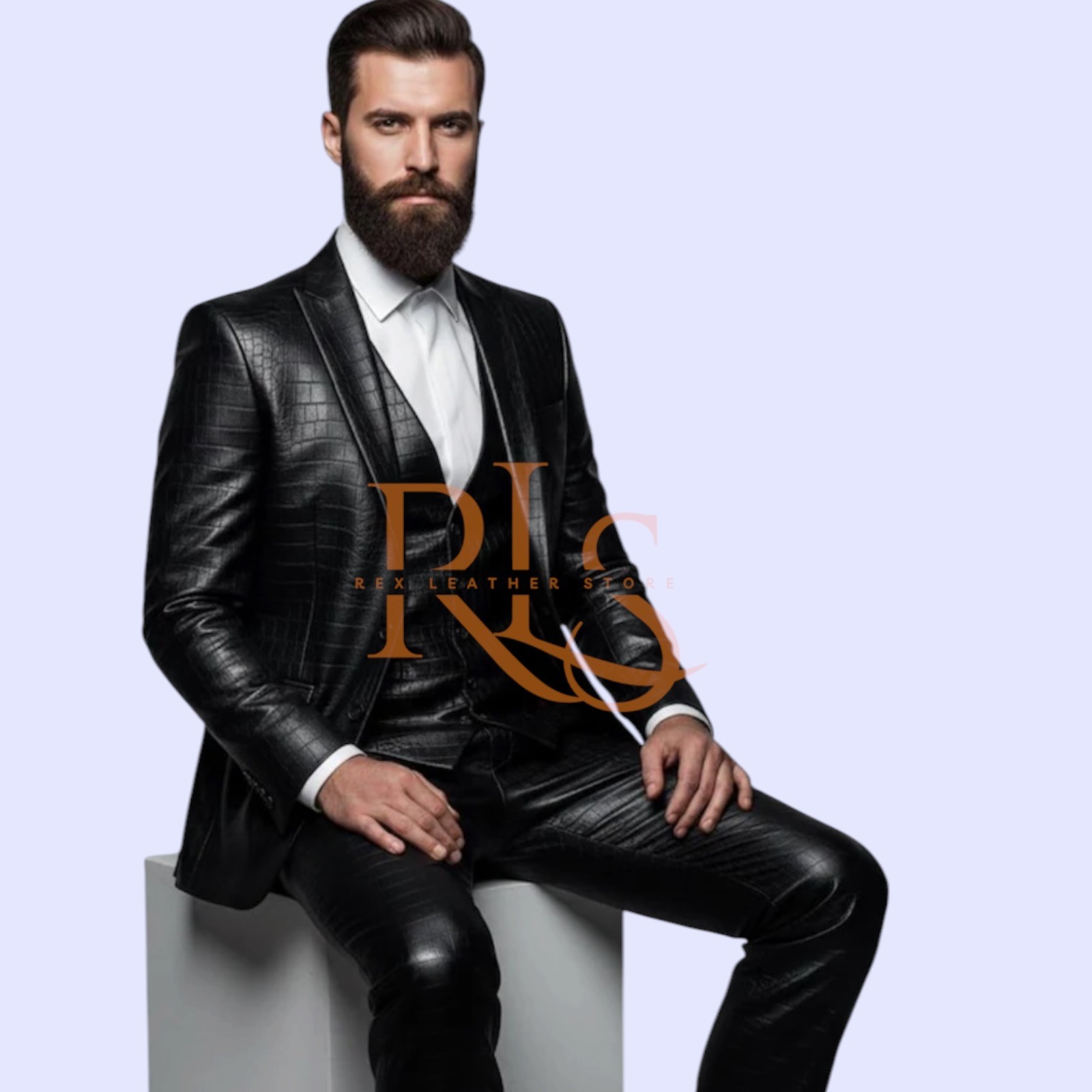 Men’s 3 Piece Black Crocodile Print Leather Set Of Pant, Vest & Coat Causal Set