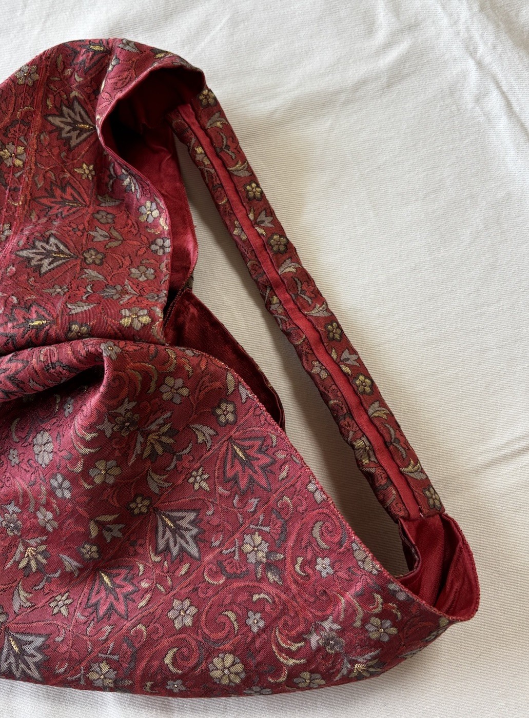 Vintage One of a Kind Japanese Obi Silk Shoulder Bag Burgundy Floral Knot Bag