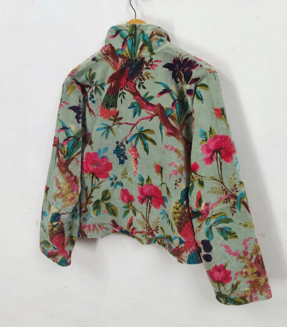 Vtg Velvet Floral Bird Print Jacket Sage Green Pink Peony Botanical Boho Coat
