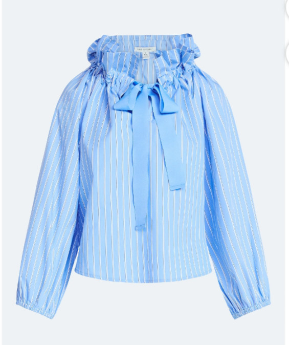 Free Assembly Puff Neck Tie Blue White Striped Ruffle Blouse Women NWT *26