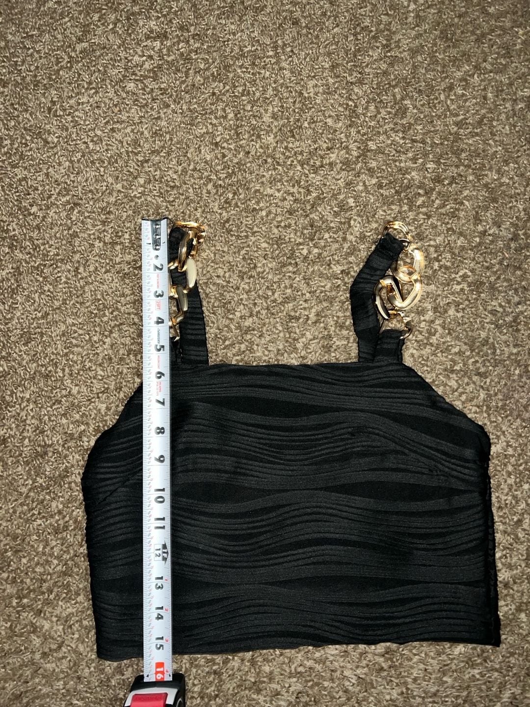 SHEIN Black Ribbed Wavy Texture Crop Top with Gold Chain Straps