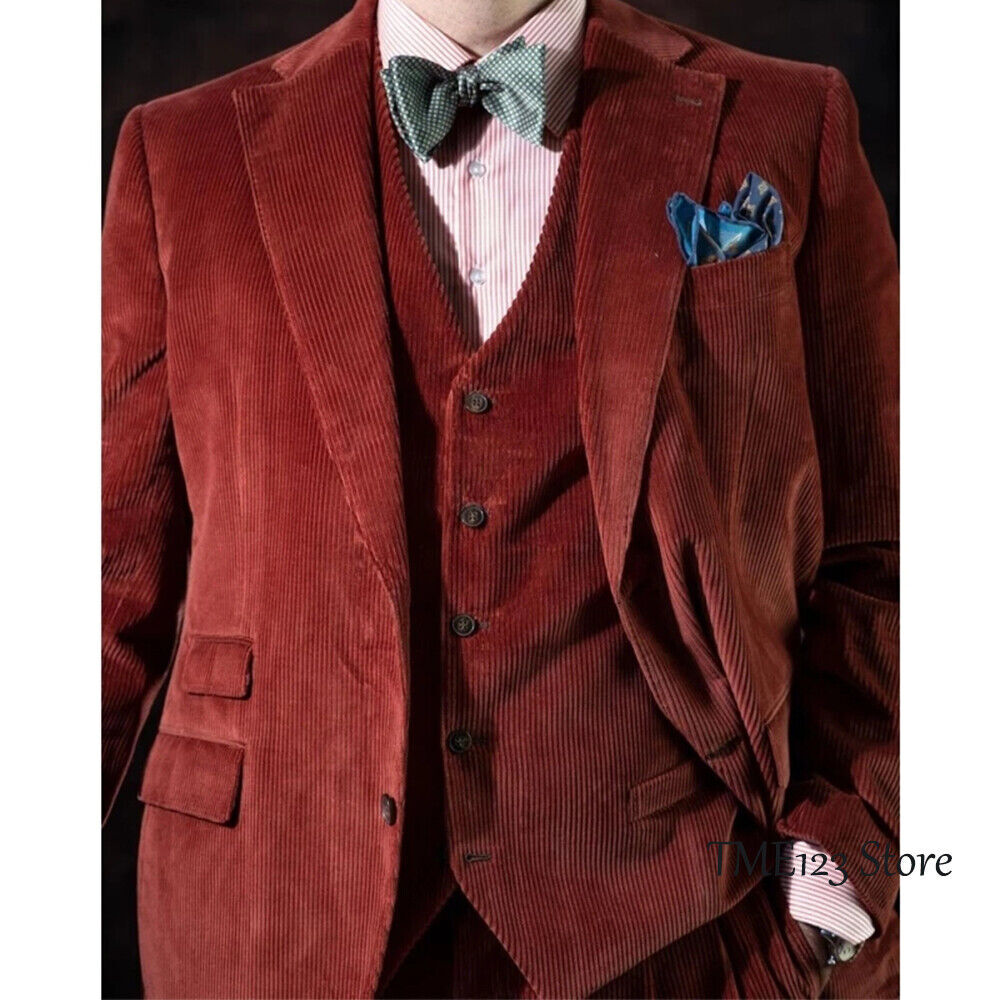 Vintage Corduroy Men’s Suits 3 Piece Business Blazer Wedding Groom Tuxedo Jacket