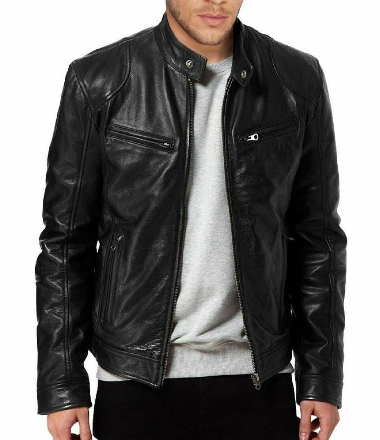 MEN’S SWORD MOTORCYCLE BLACK REAL LEATHER BIKER JACKET 100% Money Back Guarantee