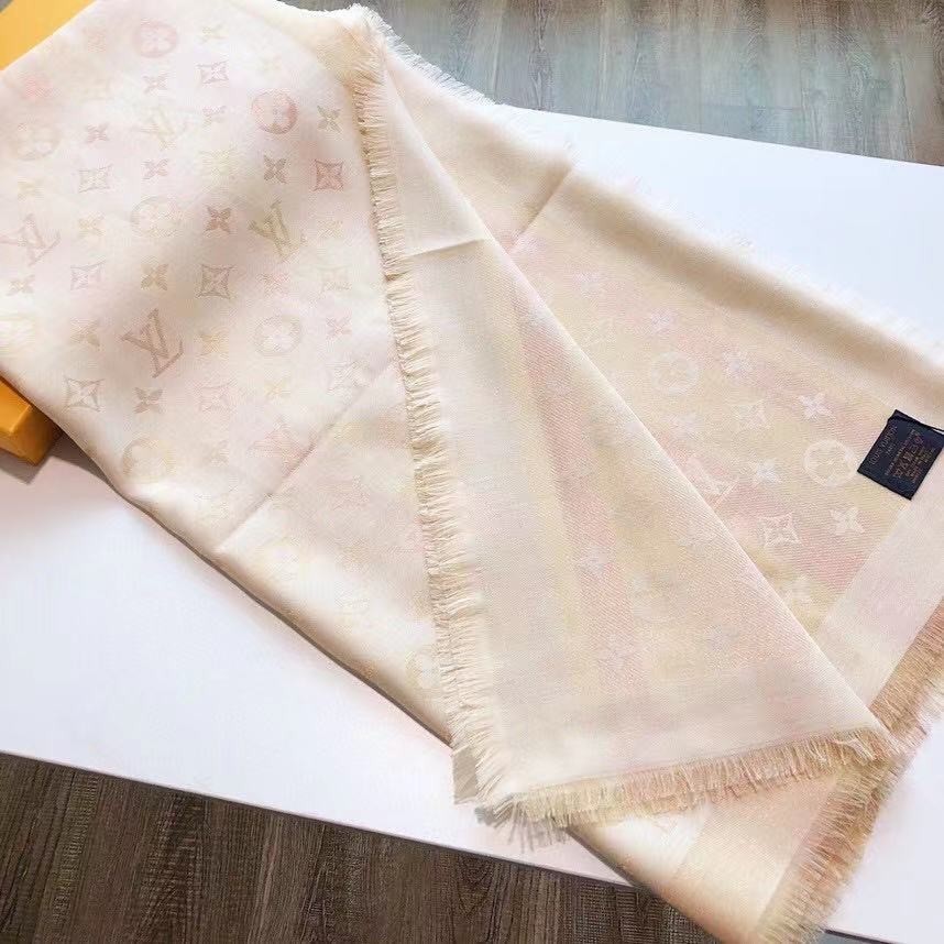 LOUIS VUITTON SCARF SHAWL PONCHO 100% AUTHENTIC CLASSIC SILK BEIGE WHITE