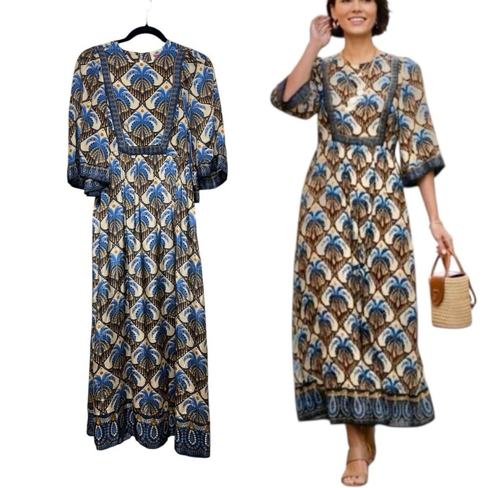 Farm Rio Cocopalm Long Dress with Flutter Sleeves in Blue, Beige, Brown Sz XS