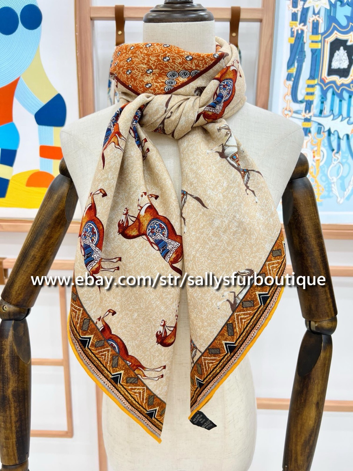 Sallys 70% Cashmere & 30% Silk Wrap Scarf Horses Print Double Face Shawl 53″