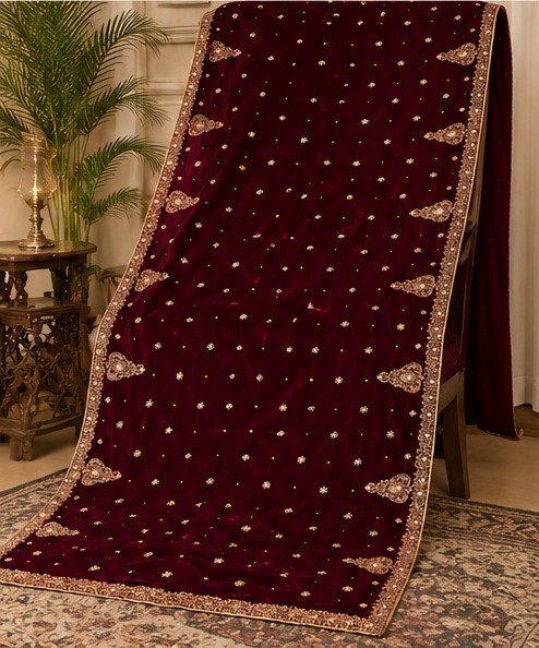 Luxury Maroon Velvet Shawl with Gold Embroidery | Bridal Wrap | Wedding Shawl