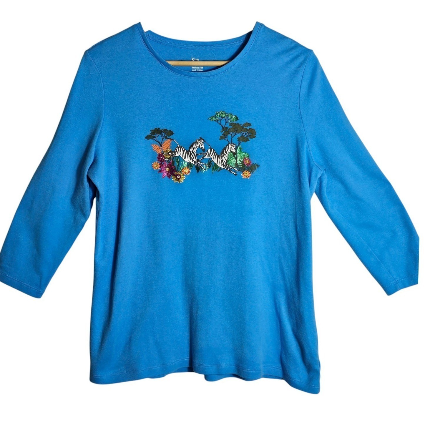 Kim Rogers Women’s M Blue 100% Cotton Knit 3/4 Zebra and Tree Graphic Top