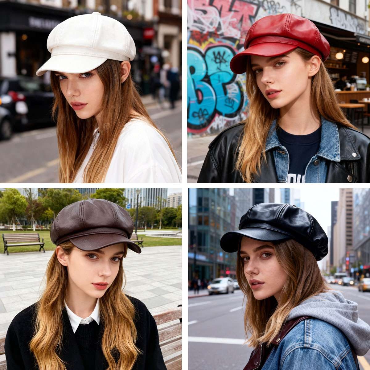 Fashion Women Men PU Leather Baker Boy Peaked Cap Newsboy Hat Visor Cap Hats NEW