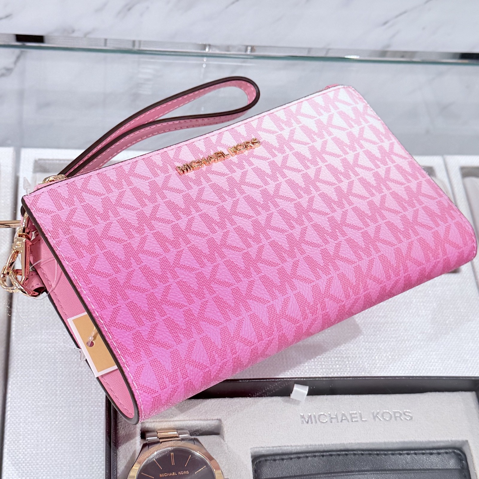 Michael Kors Jet Set Travel Double Zip Wristlet Wallet MK Logo Ombre Carnation