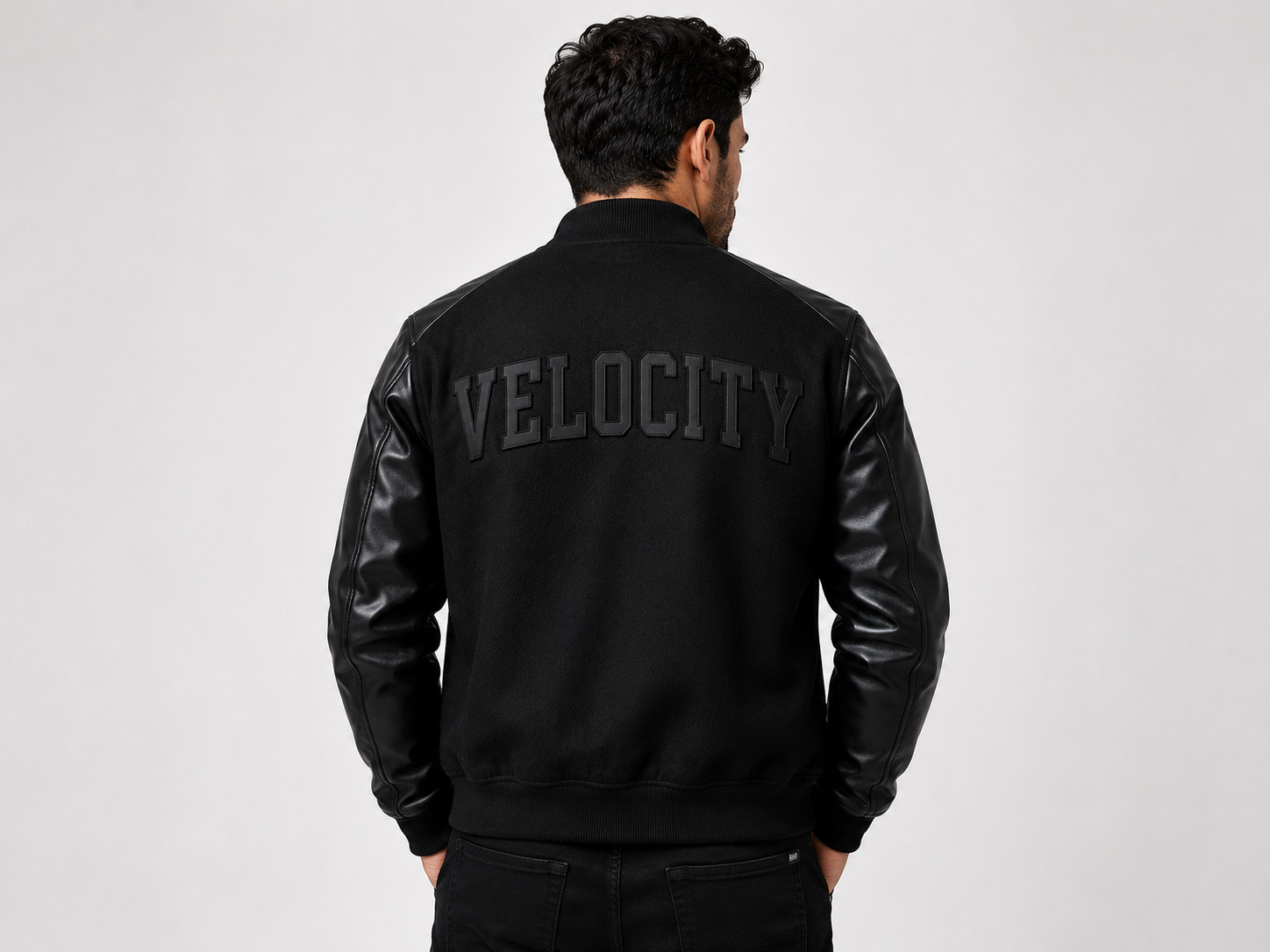 Men’s Black Varsity Jacket Letterman Bomber Coat Custom VELOCITY XS-5XL
