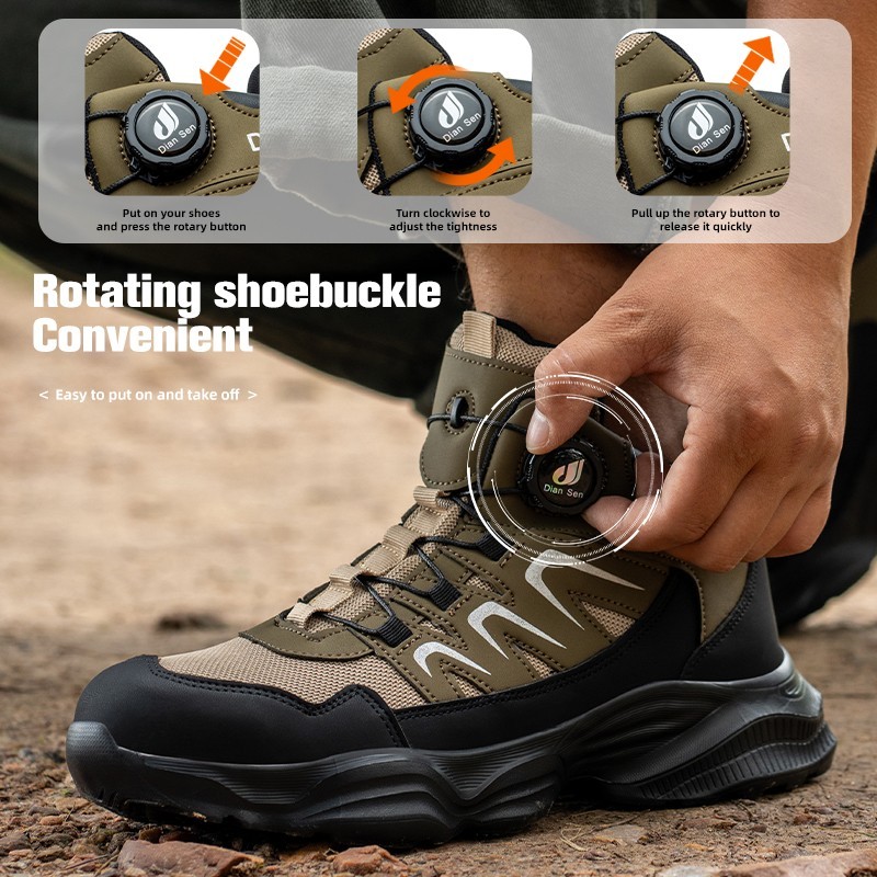 Men Safety Toe Work Shoes Rotating Buckle Breathable Non-Slip Steel Toe Sneakers
