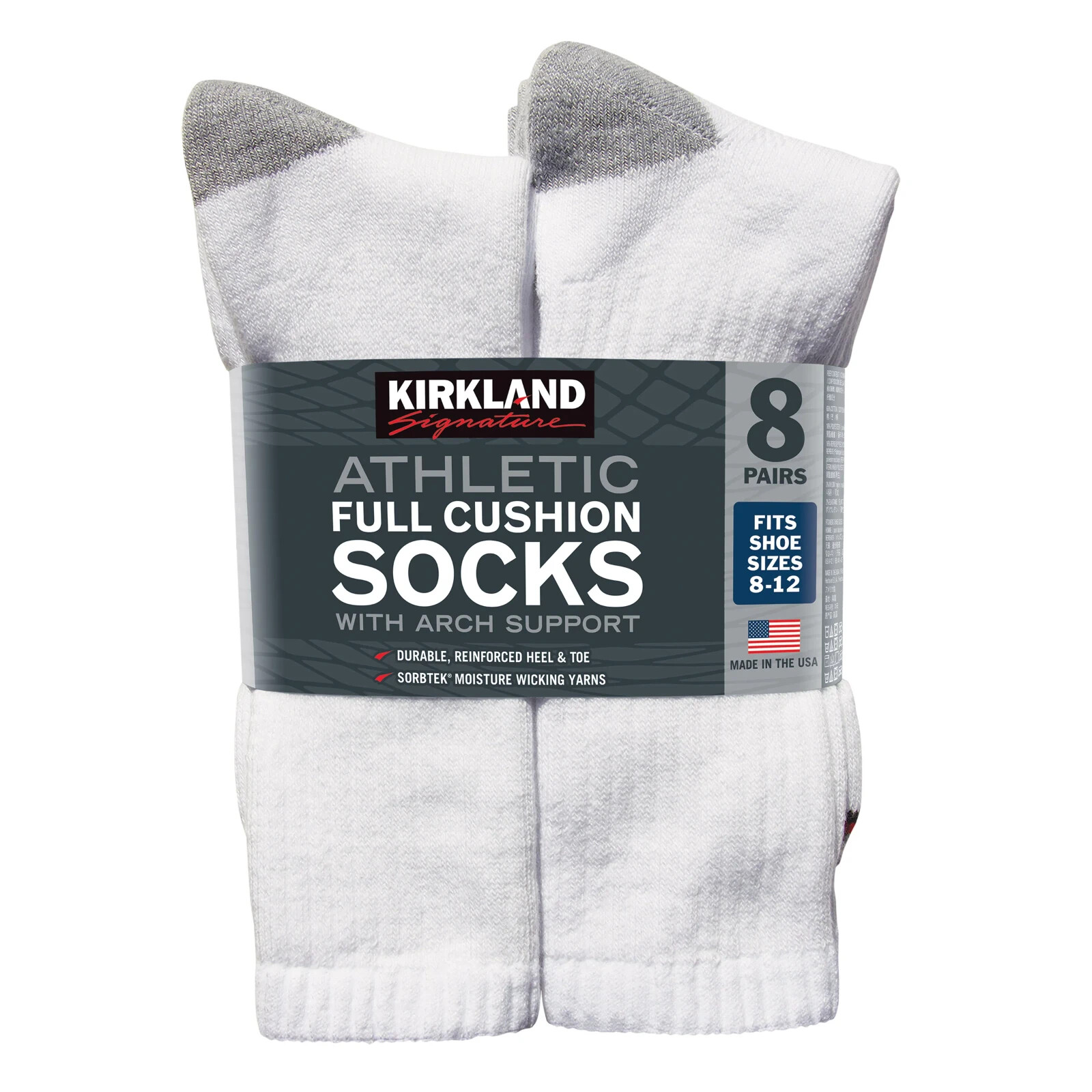 Kirkland Signature Men’s Athletic Sock, 8-pair Arch Support Made in USA