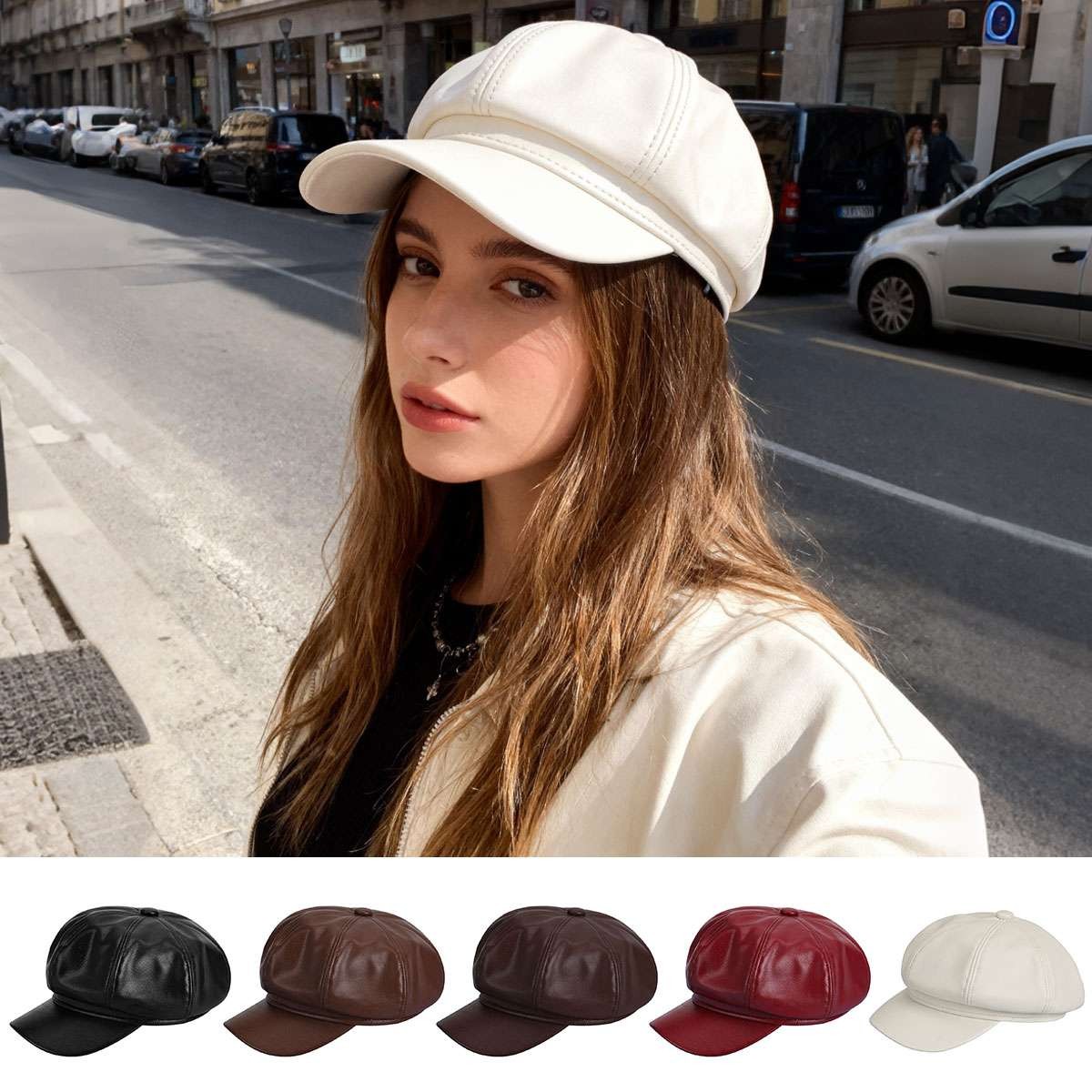 Fashion Women Men PU Leather Baker Boy Peaked Cap Newsboy Hat Visor Cap Hats NEW