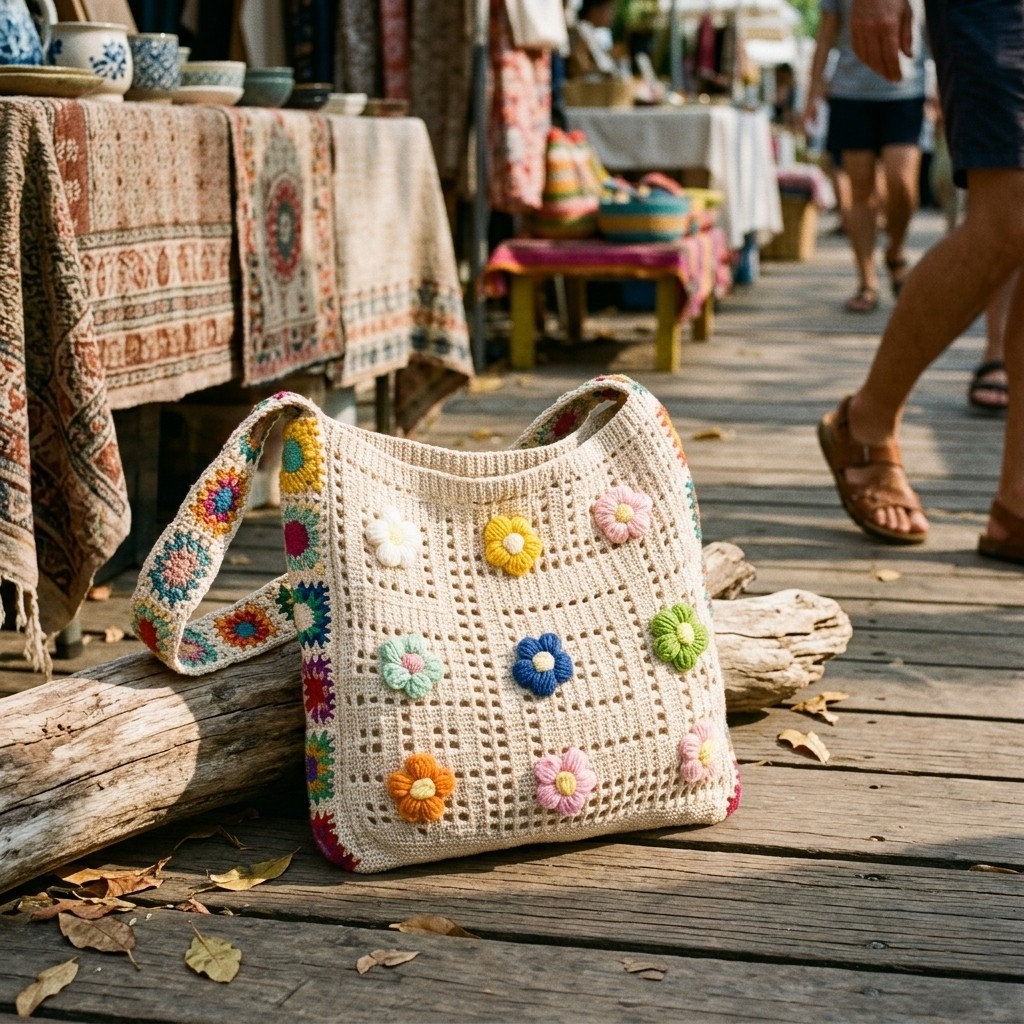 Flower Applique Crochet Bag Women Colorful Knit Crossbody Shoulder Purse US
