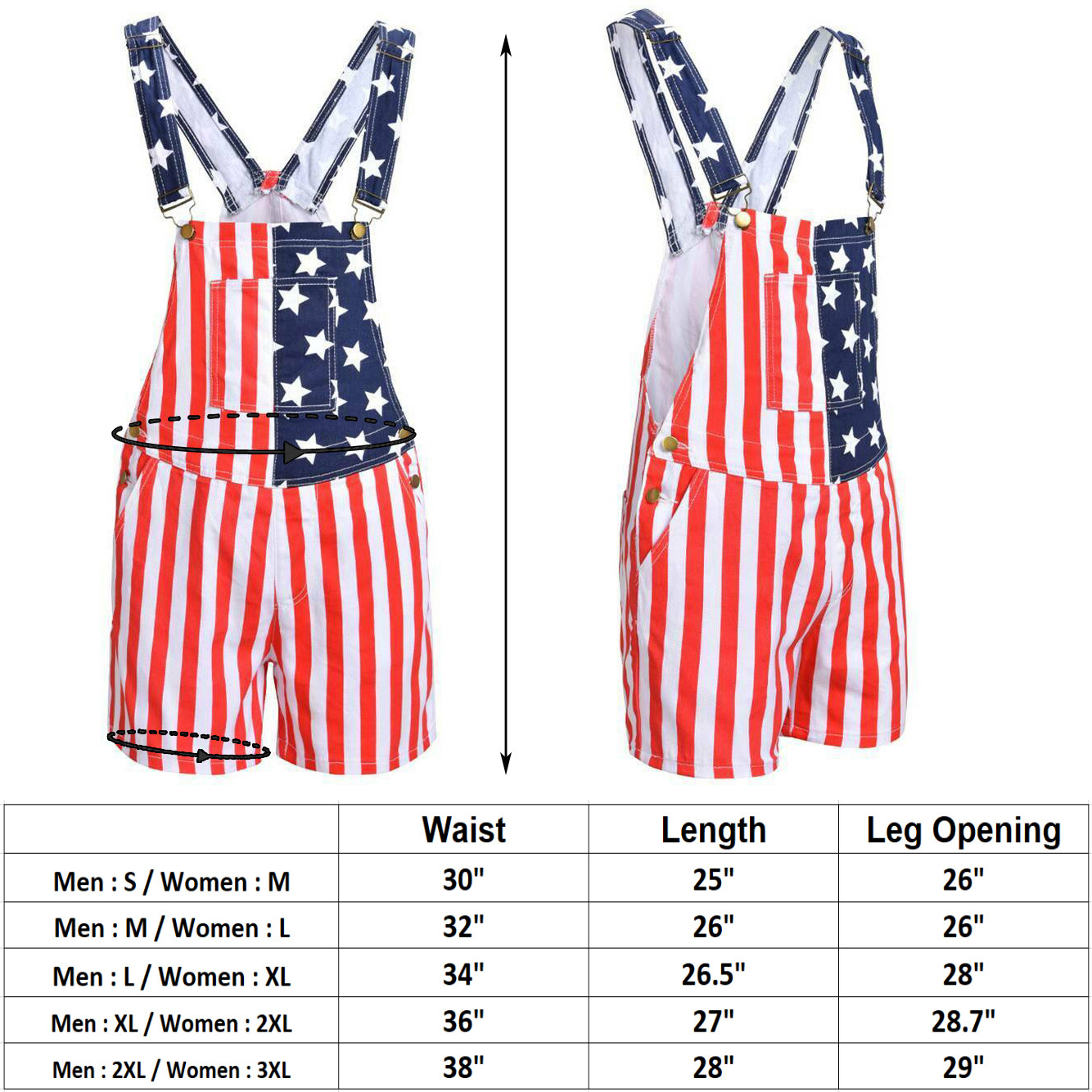 Women’s & Men’s Overalls USA America Flag Print Bib Pants Jumpsuit Romper Shorts