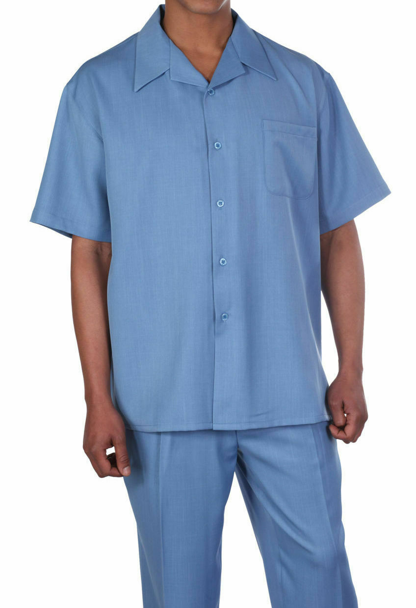 New Men’s 2pc Walking Suit Short Sleeve Casual Shirt & Pants Set Solid M2954 .