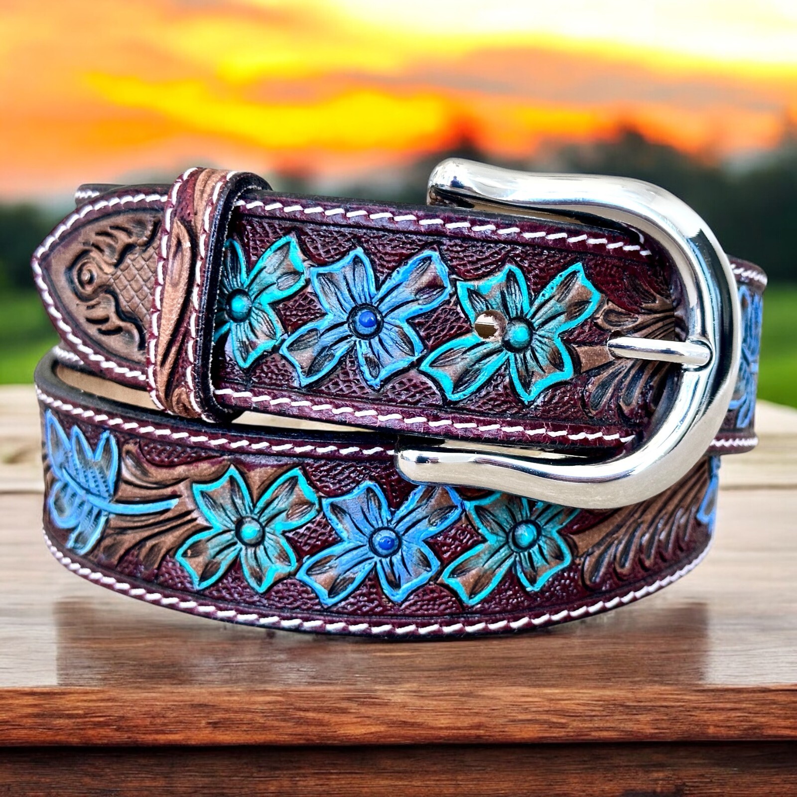 Western Belt Handmade Men’s Full Grain Leather With Buckle Tolled Cowboy Belt