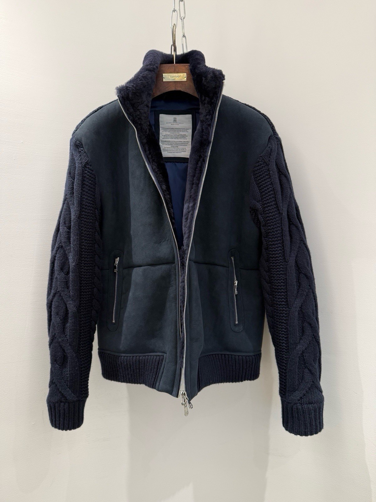Brunello Cucinelli Men’s Navy Leather Bomber Jacket Full Zip Cable Sleeves 50
