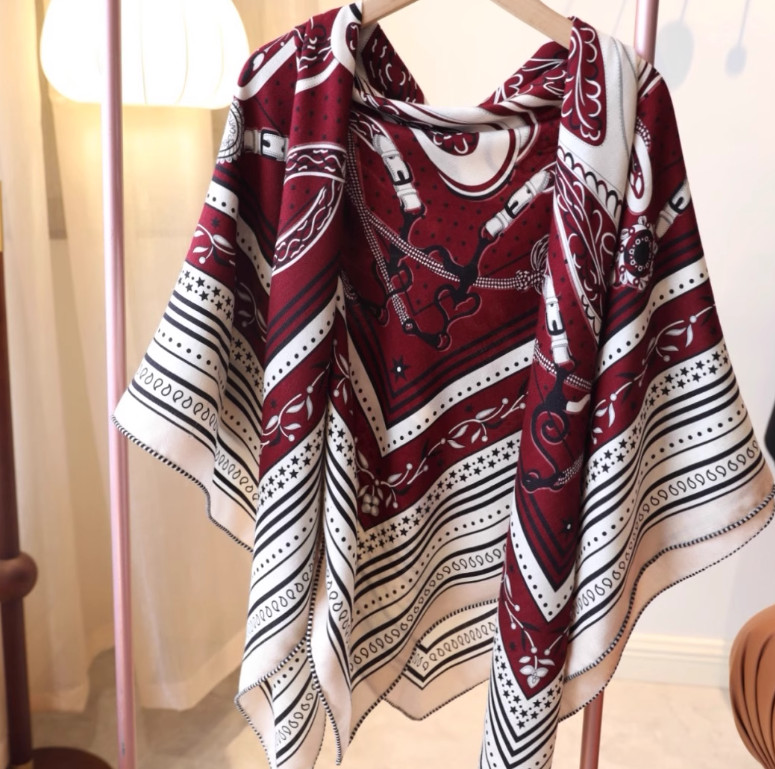70% Cashmere 30% Silk Wrap Scarf Red Chain Print Double Face Print Shawl 55”