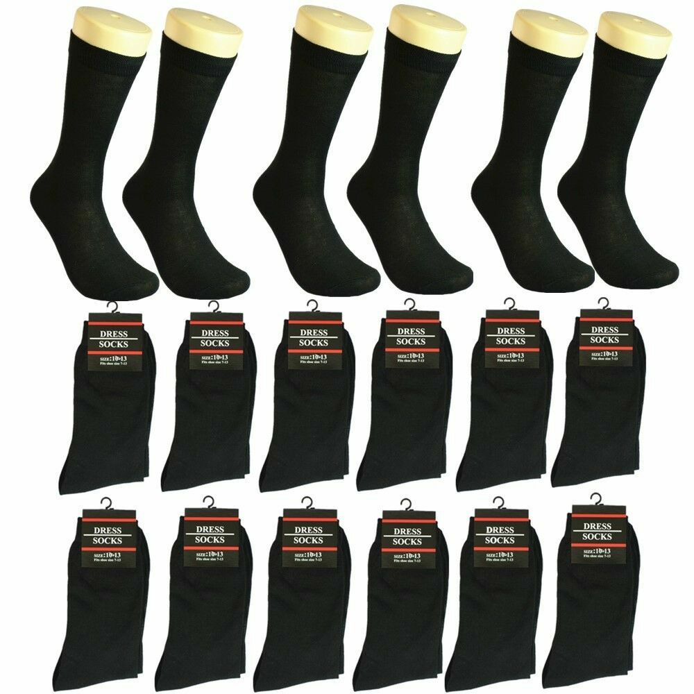 3-12 Pairs Men Solid Black Crew Dress Socks Casual Formal Cotton Size 10-13