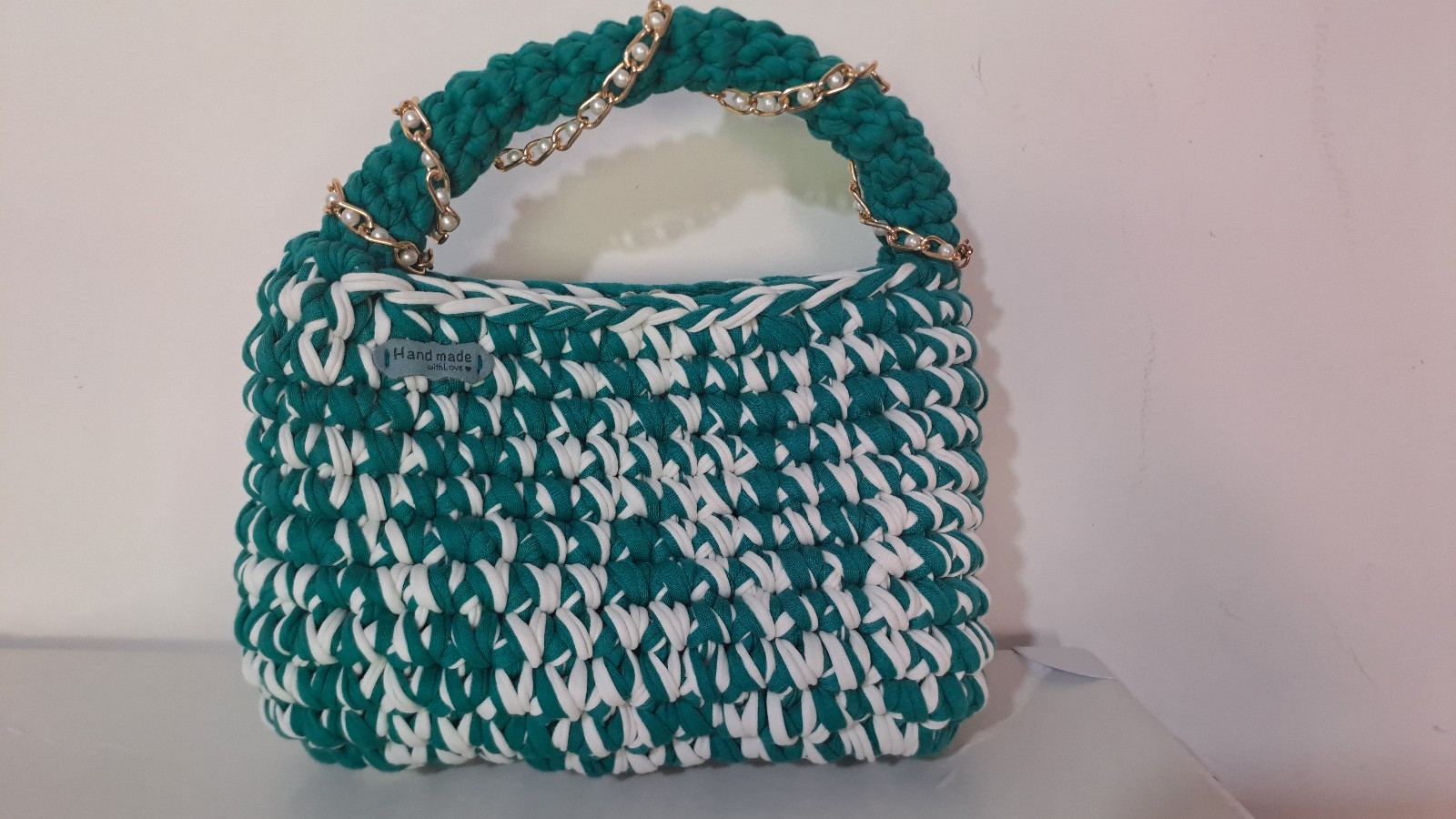 Handmade Crochet Bag Turquoise & White Stylish Summer Handbag Gift