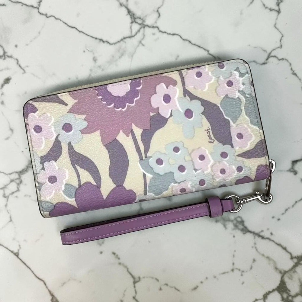 Coach Long Zip Around Wallet With Floral Print in Purple and Ivory CBN95