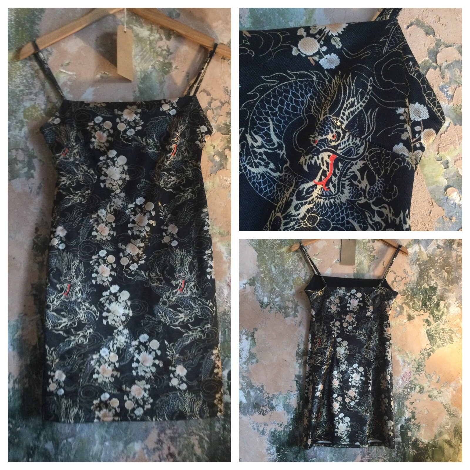 WOMENS DRESS SIZE S BLACK ORIENTAL SATIN SLIP VINTAGE VGC WORN ON FILM INC UK P