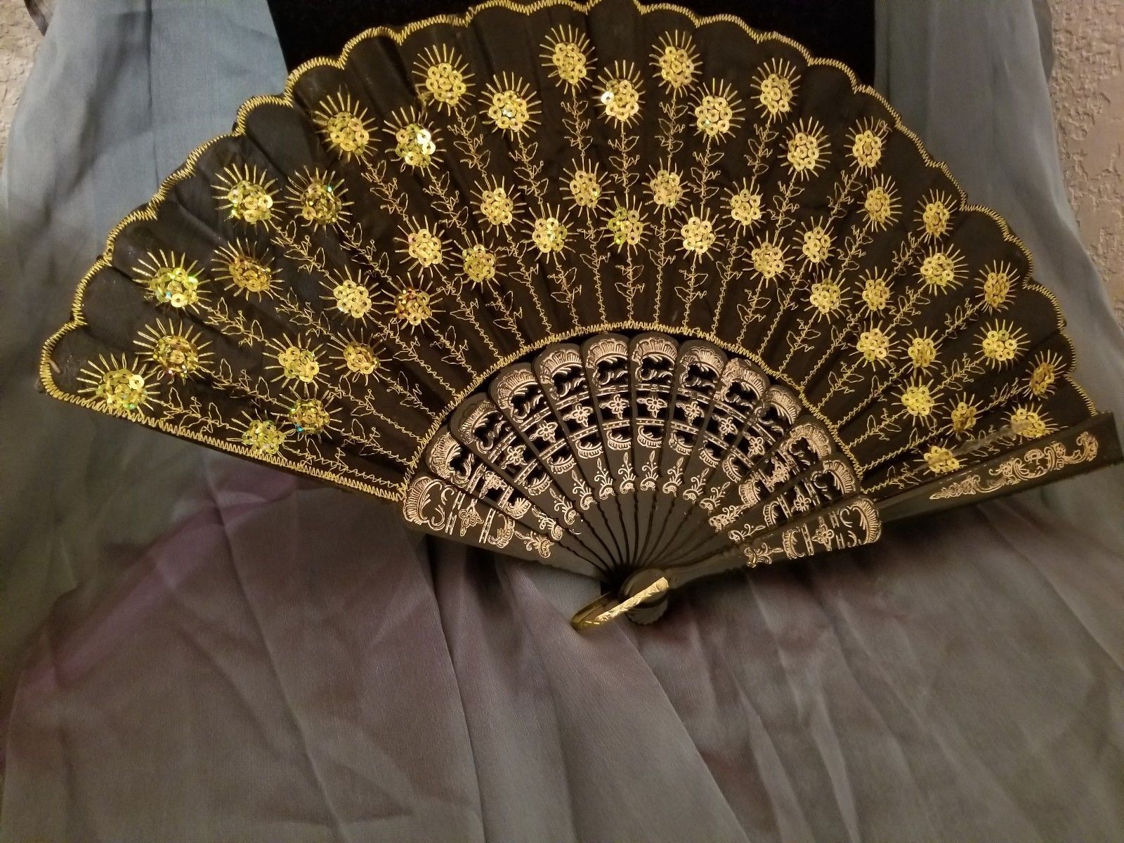 Fabric Embroidered Folding Handheld Fan Sequins Party Bridals Wedding USA Seller