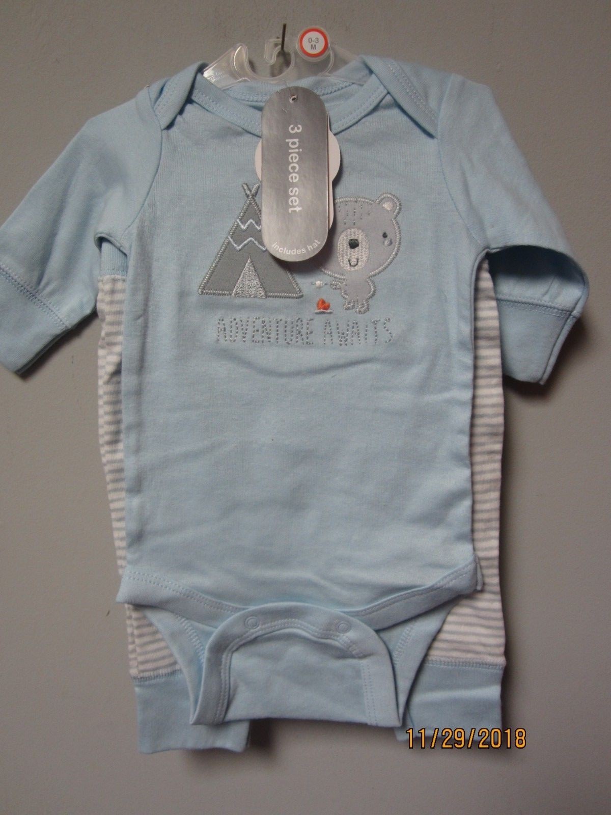 Wonder Nation Baby Boy 3-Piece Light Blue “Adventure Awaits” Outfit Size 0-3M