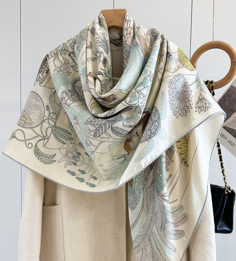 70% Cashmere 30% Silk Wrap Scarf garden Print Double Face Print Shawl 135X135cm
