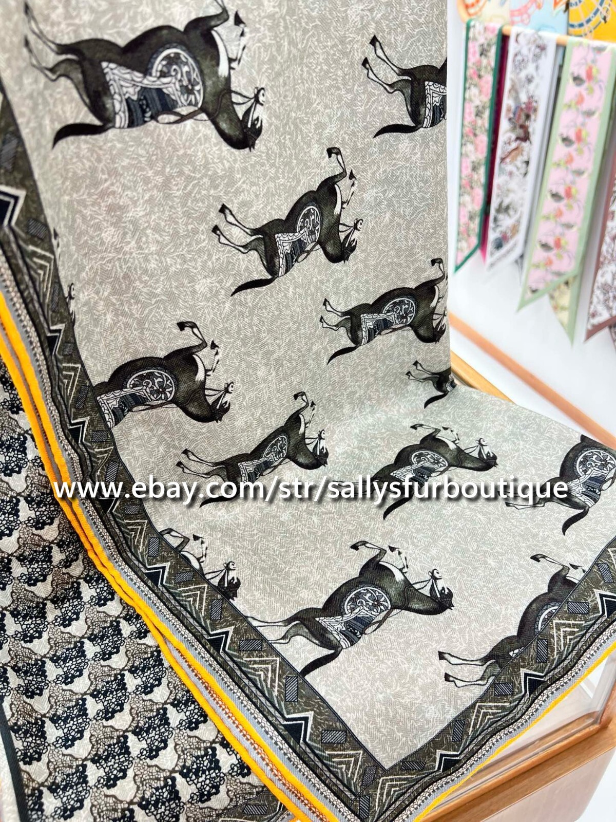 Sallys 70% Cashmere & 30% Silk Wrap Scarf Horses Print Double Face Shawl 53″