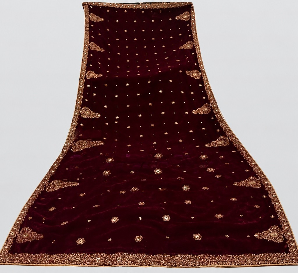 Luxury Maroon Velvet Shawl with Gold Embroidery | Bridal Wrap | Wedding Shawl