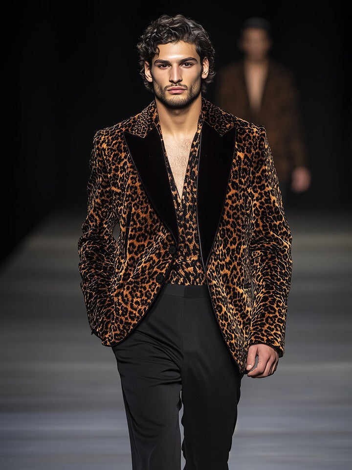 Men’s Leopard Print Blazer Peak Lapel Trendy Jacket Vest Party Show Wear 2 Pcs
