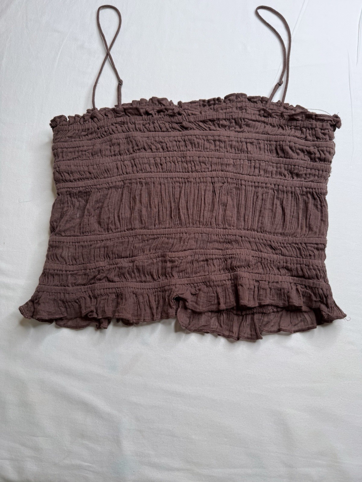 FP One Brown Solid Square Neck Smocked Button Ruffle Knit Cotton Cami Tank S
