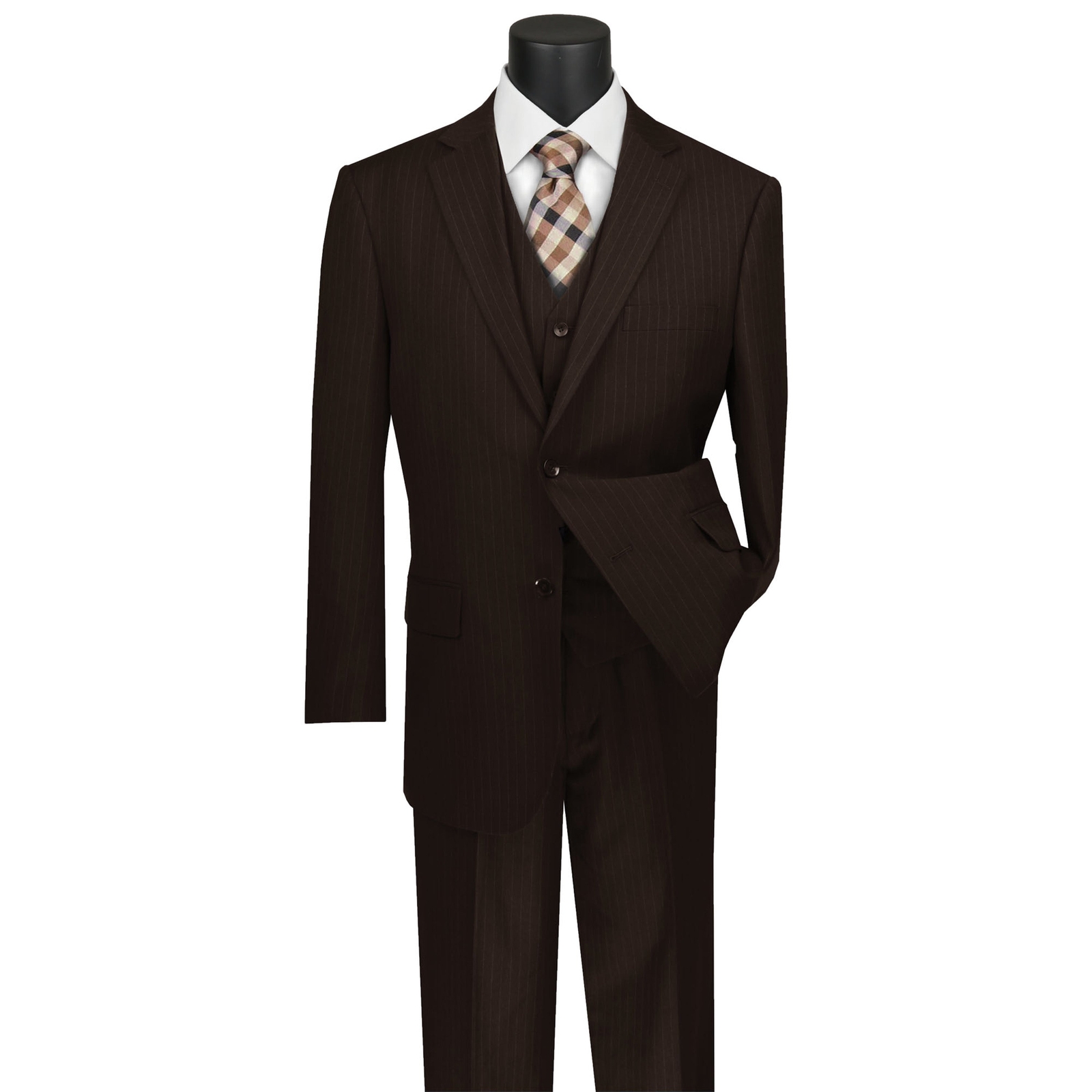 VINCI Men’s Brown Pinstripe 3 Piece 2 Button Classic Fit Suit – NEW